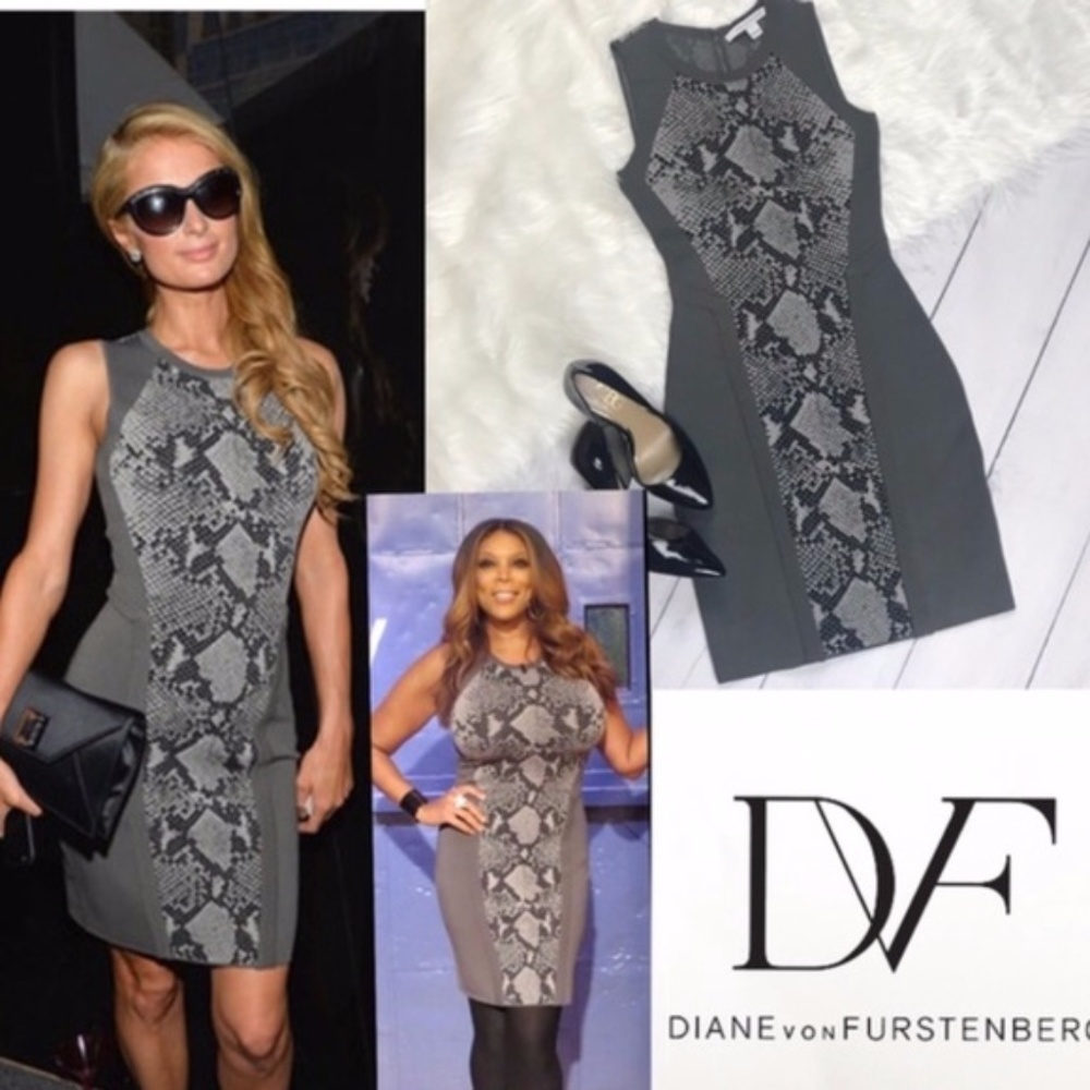DVF Gray and Snakeskin Fitted Dress